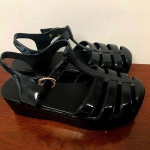 Wanted Jellypop black patent jelly platform strappy wedge sandals 9